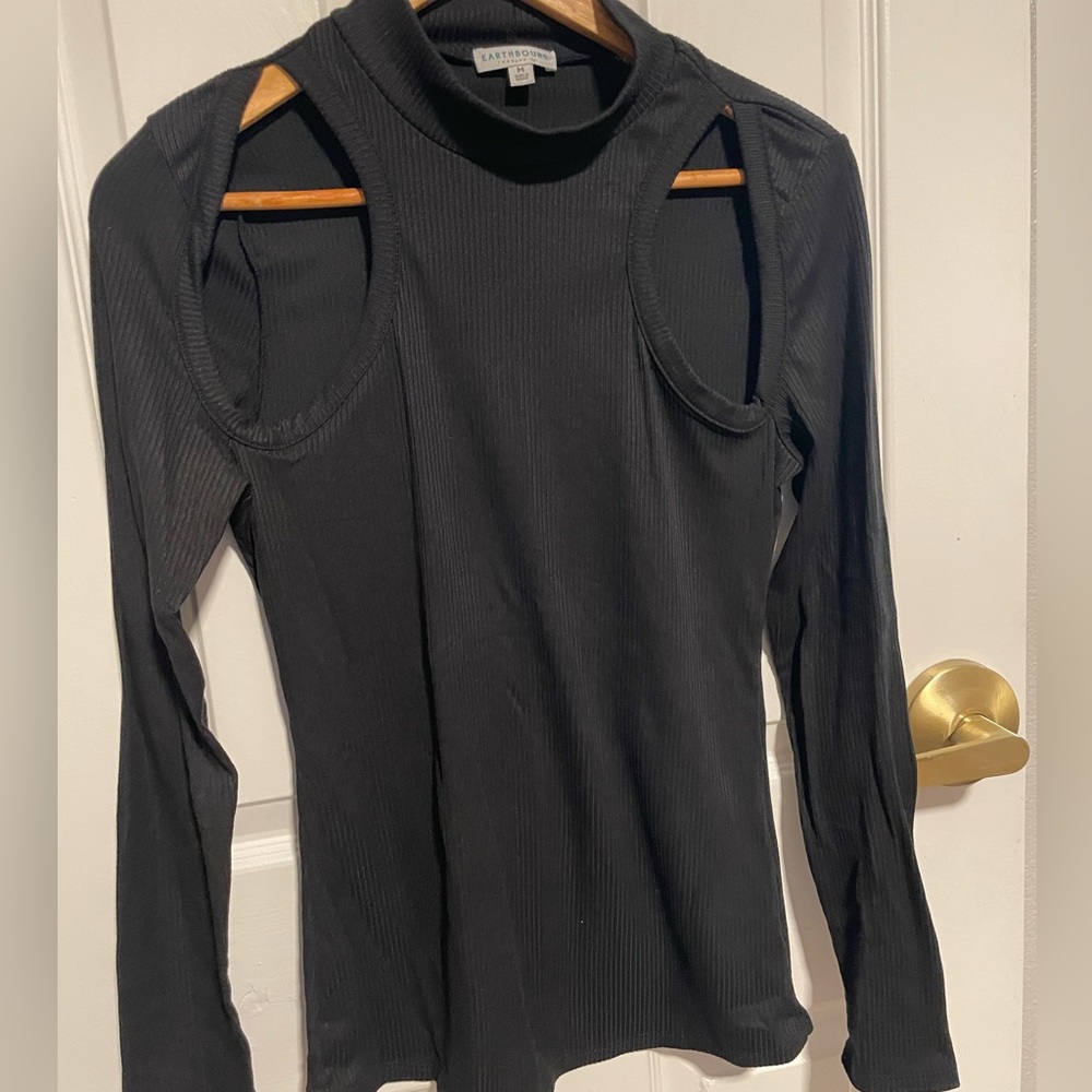 Earthbound Cut out mock neck black long sleeve